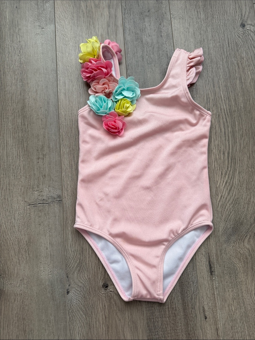 Janie and Jack Pink One-Piece Swimsuit with Multi-Color Floral Accent